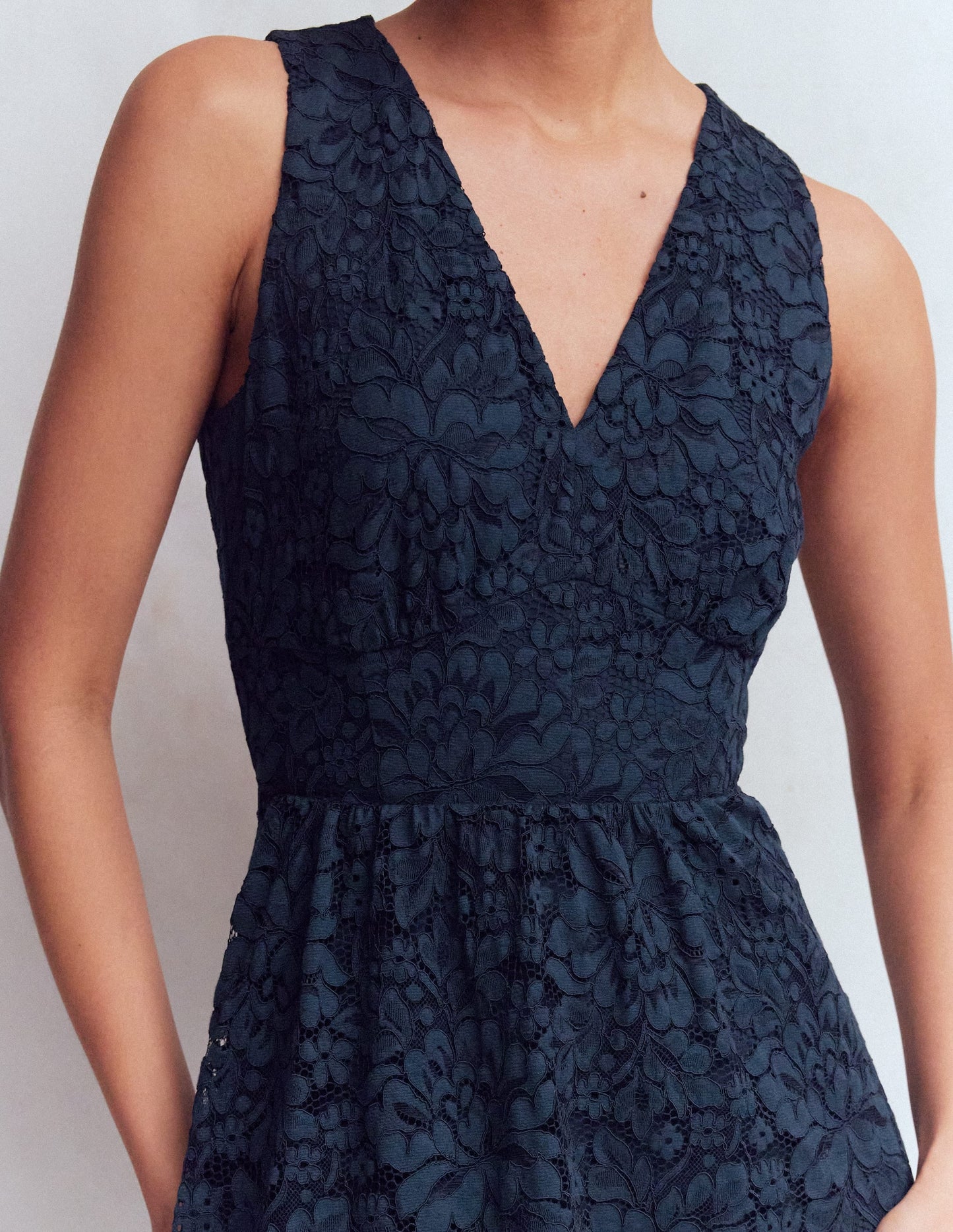Lace Plunge Neck Panel Dress-Navy