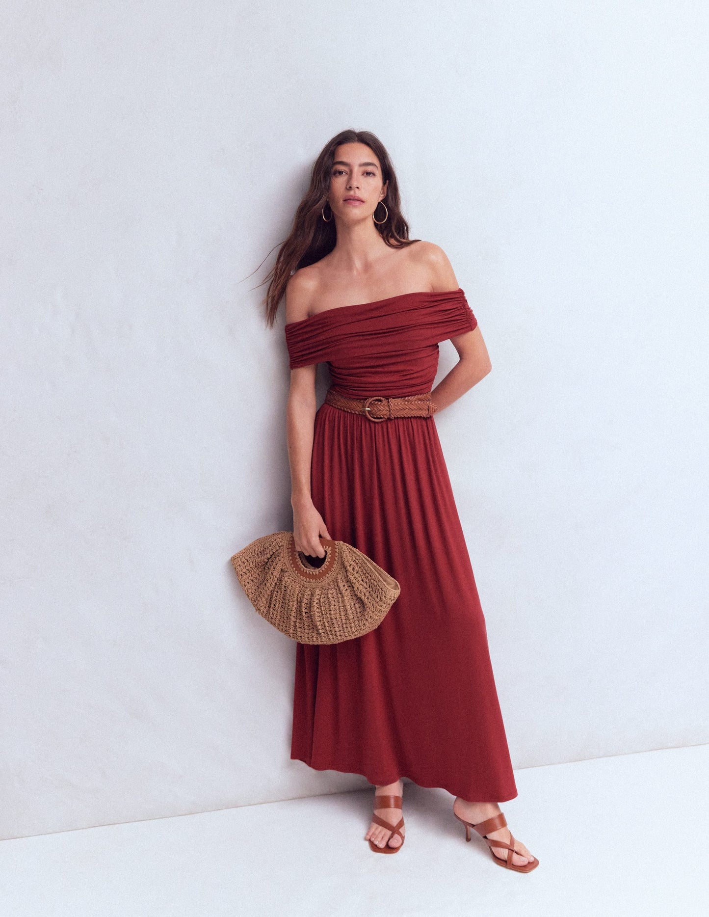 Ruched Bardot Maxi Dress-Burgundy
