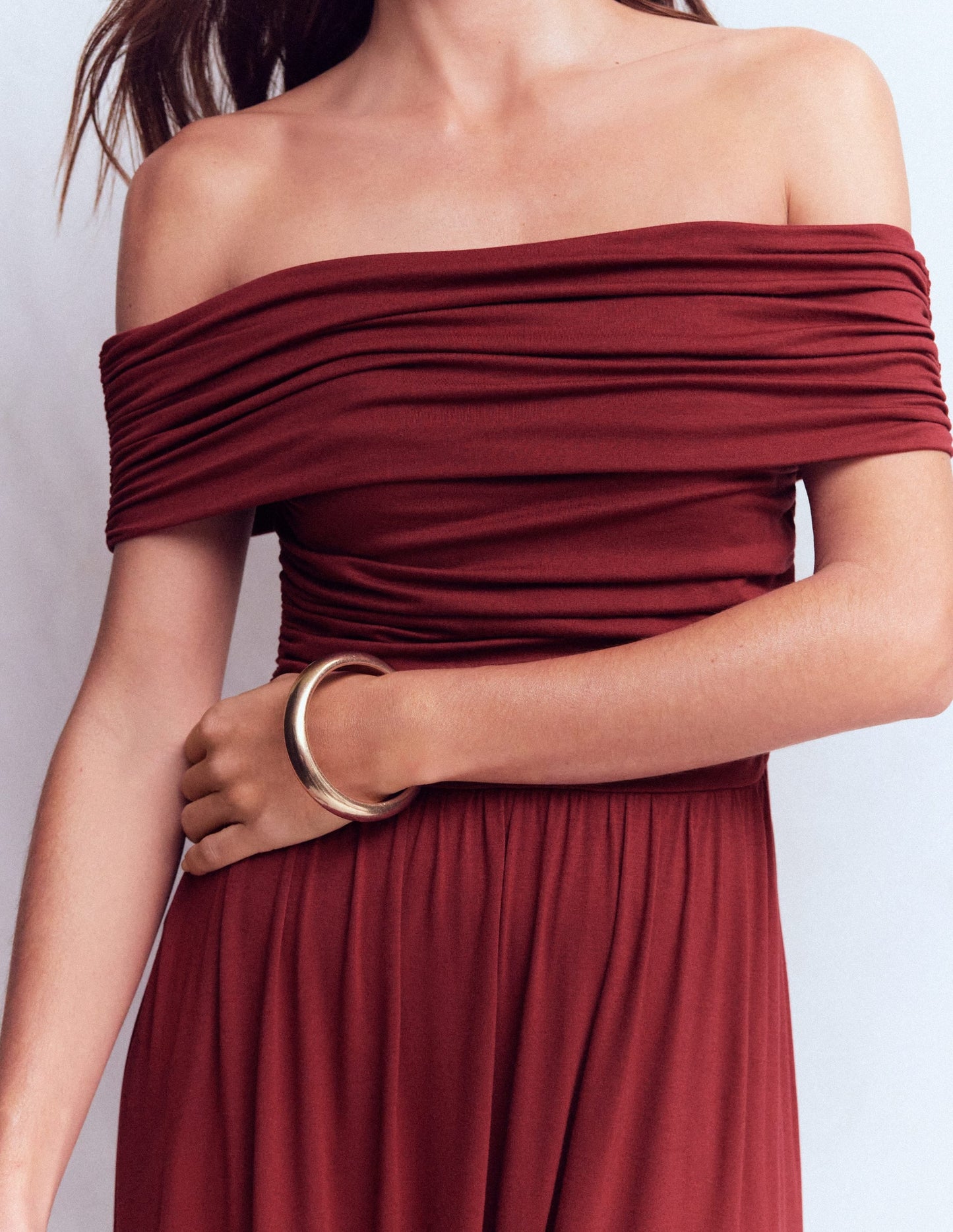 Ruched Bardot Maxi Dress-Burgundy