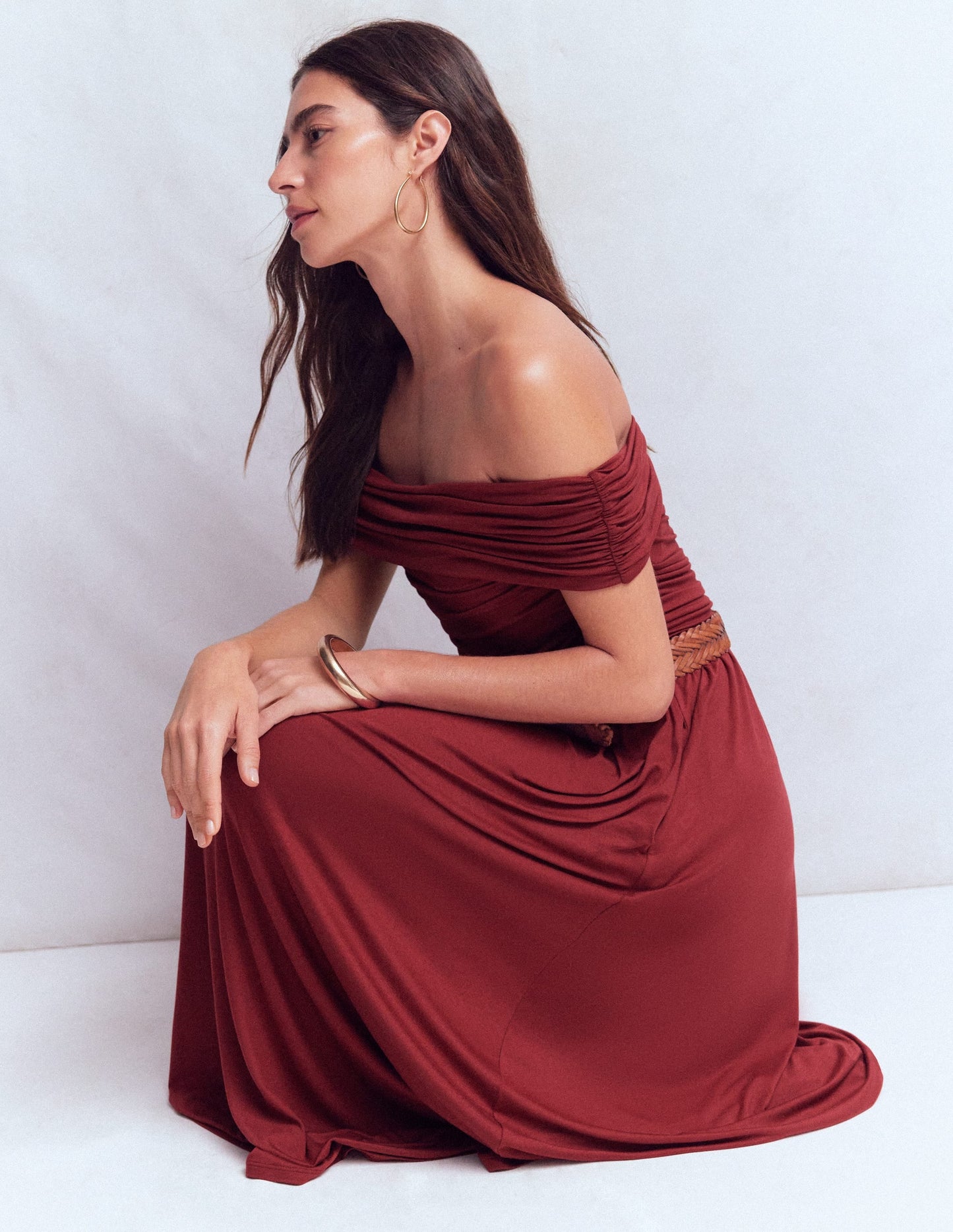 Ruched Bardot Maxi Dress-Burgundy
