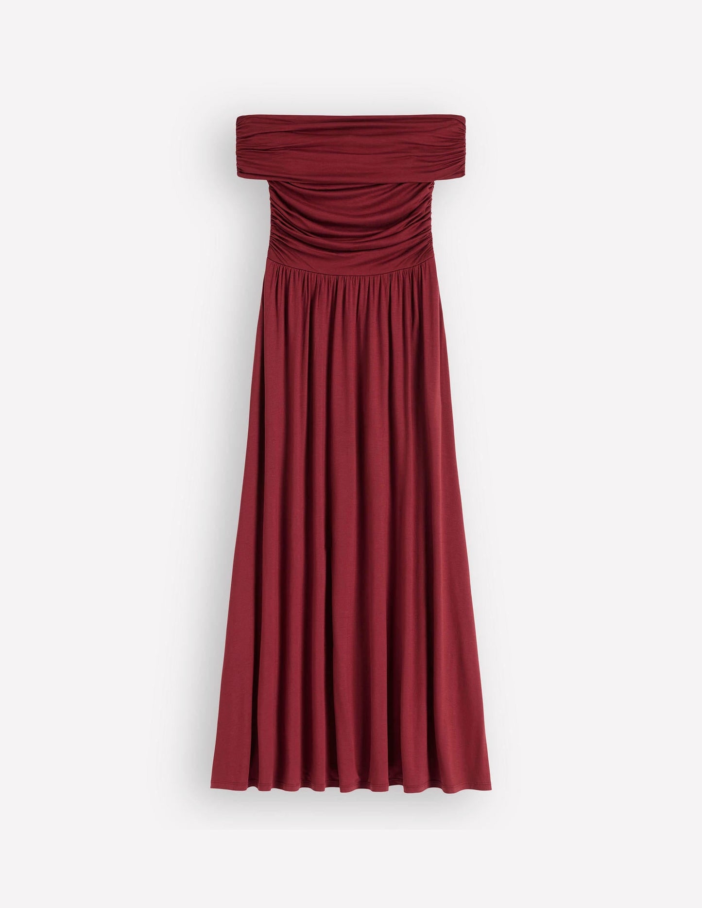 Ruched Bardot Maxi Dress-Burgundy