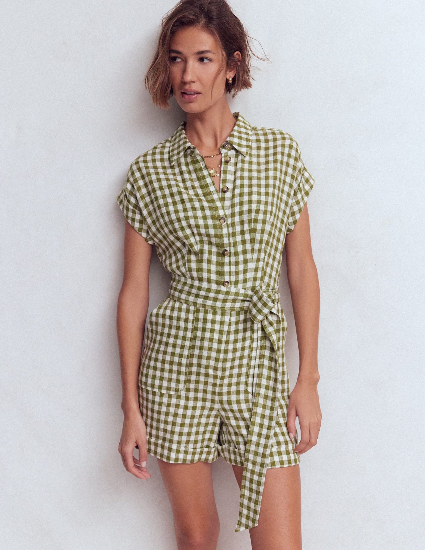 Kay Linen Playsuit-Olive, Ivory Gingham
