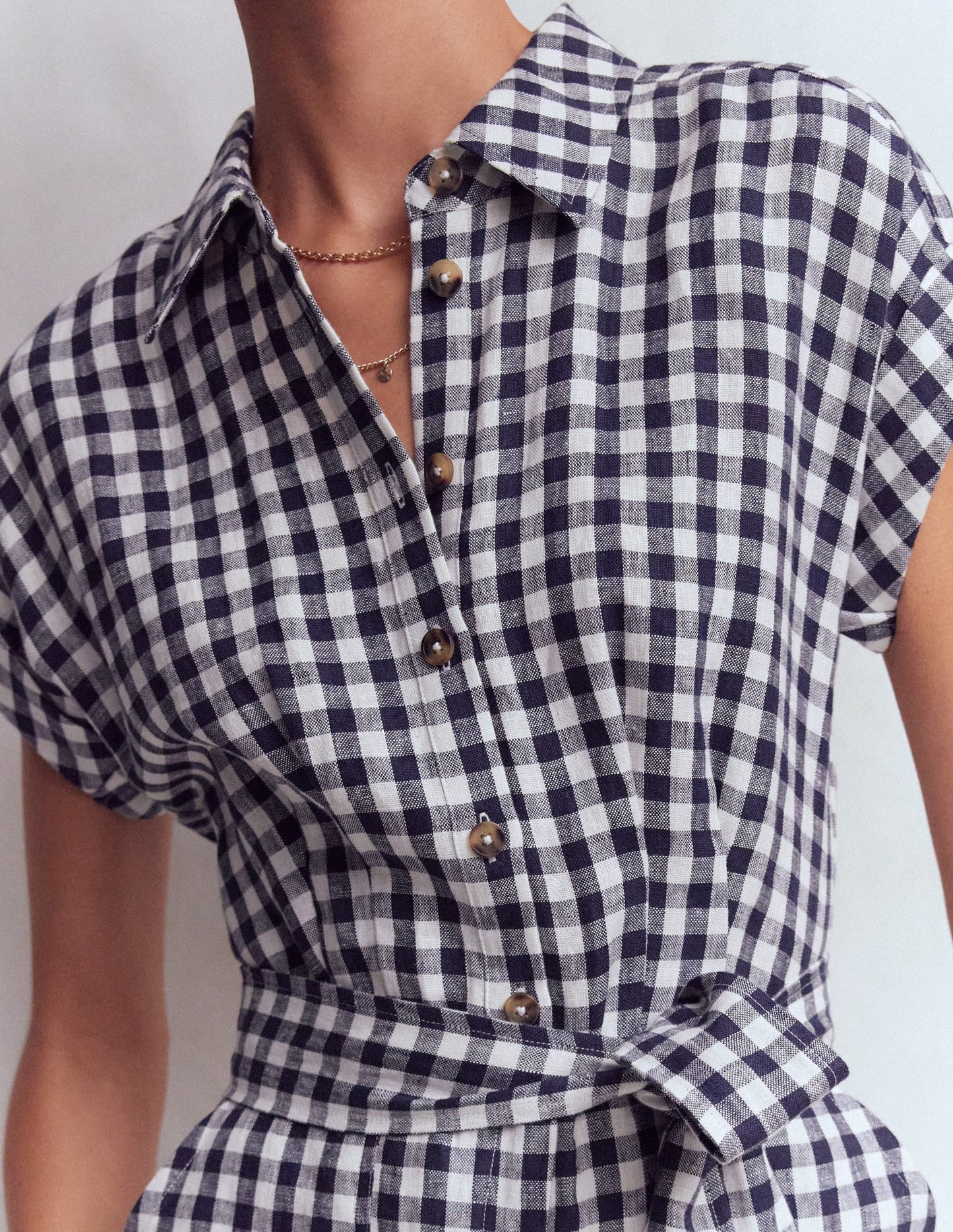 Kay Linen Playsuit-Navy, Ivory Gingham