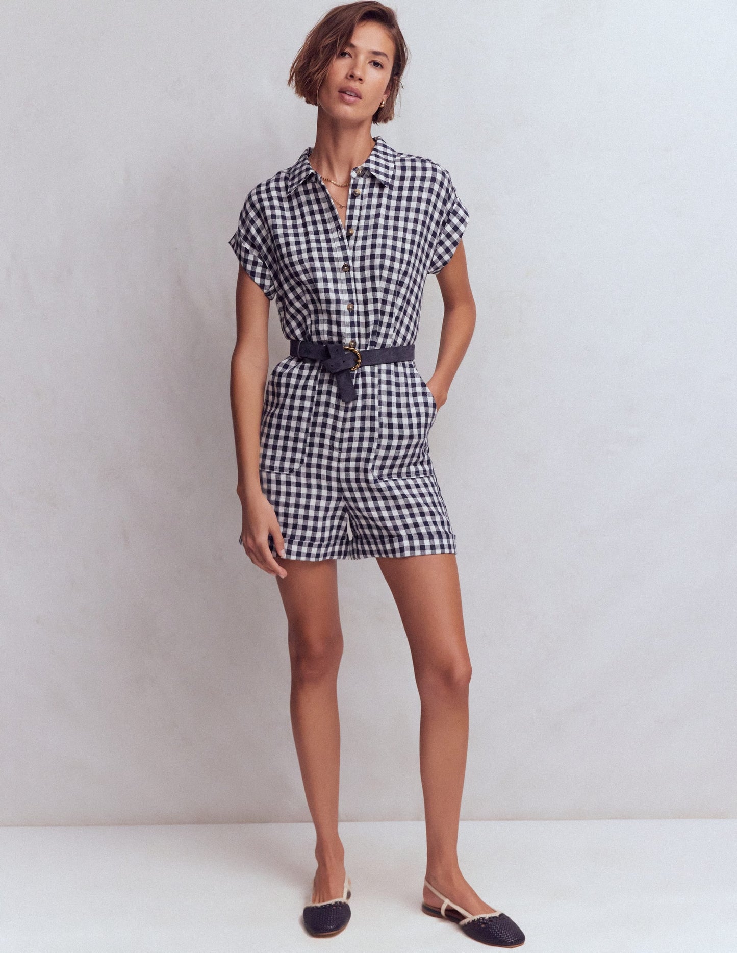 Kay Linen Playsuit-Navy, Ivory Gingham