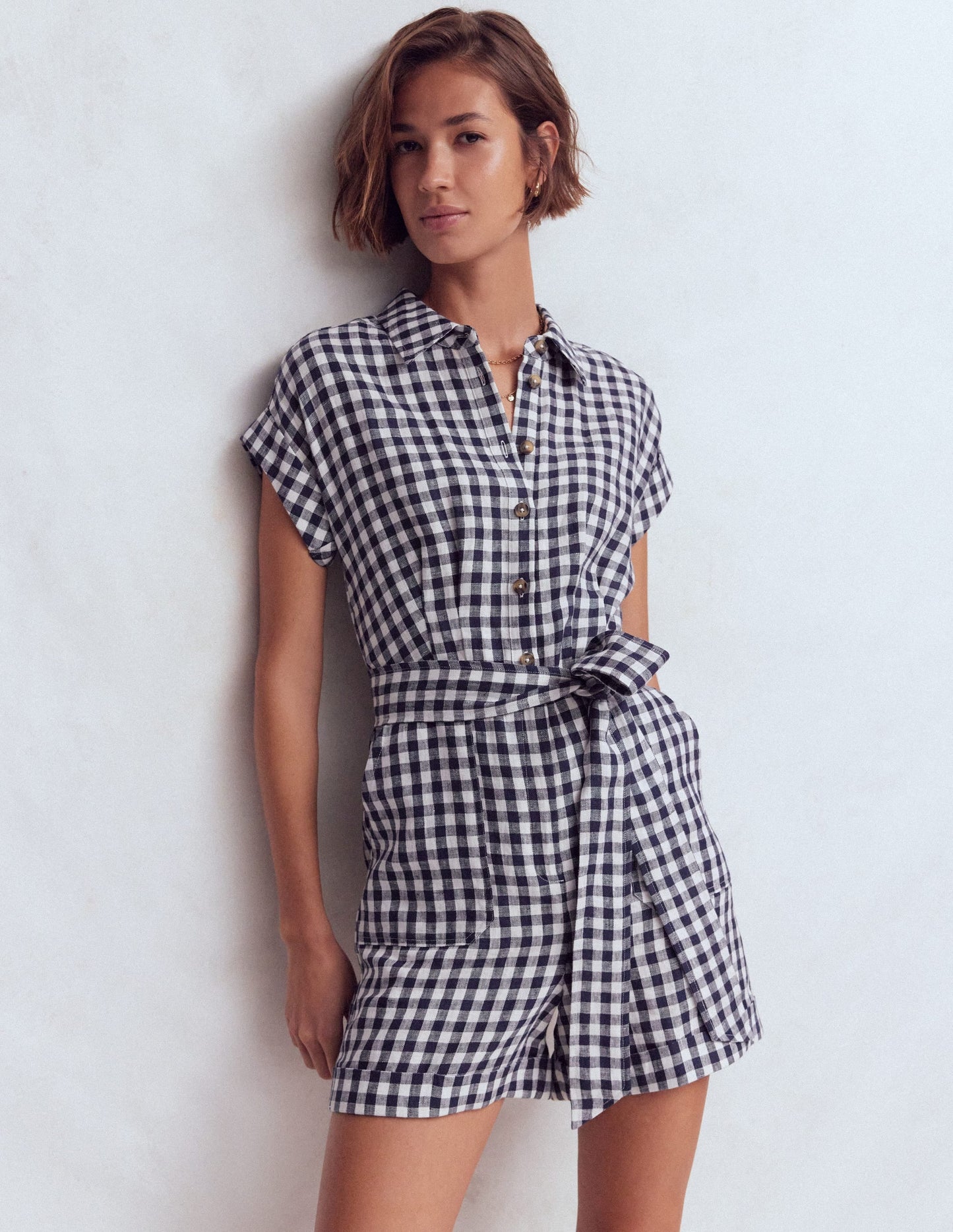 Kay Linen Playsuit-Navy, Ivory Gingham