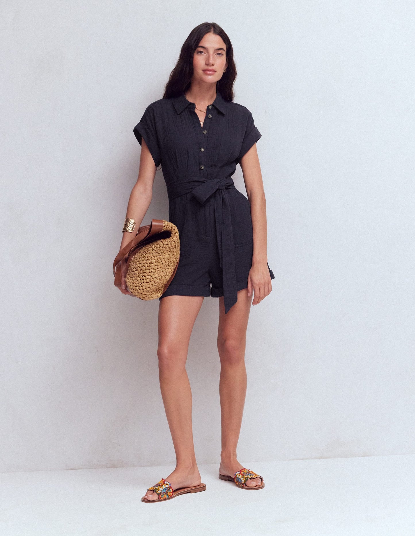 Kay Double Cloth Playsuit-Navy
