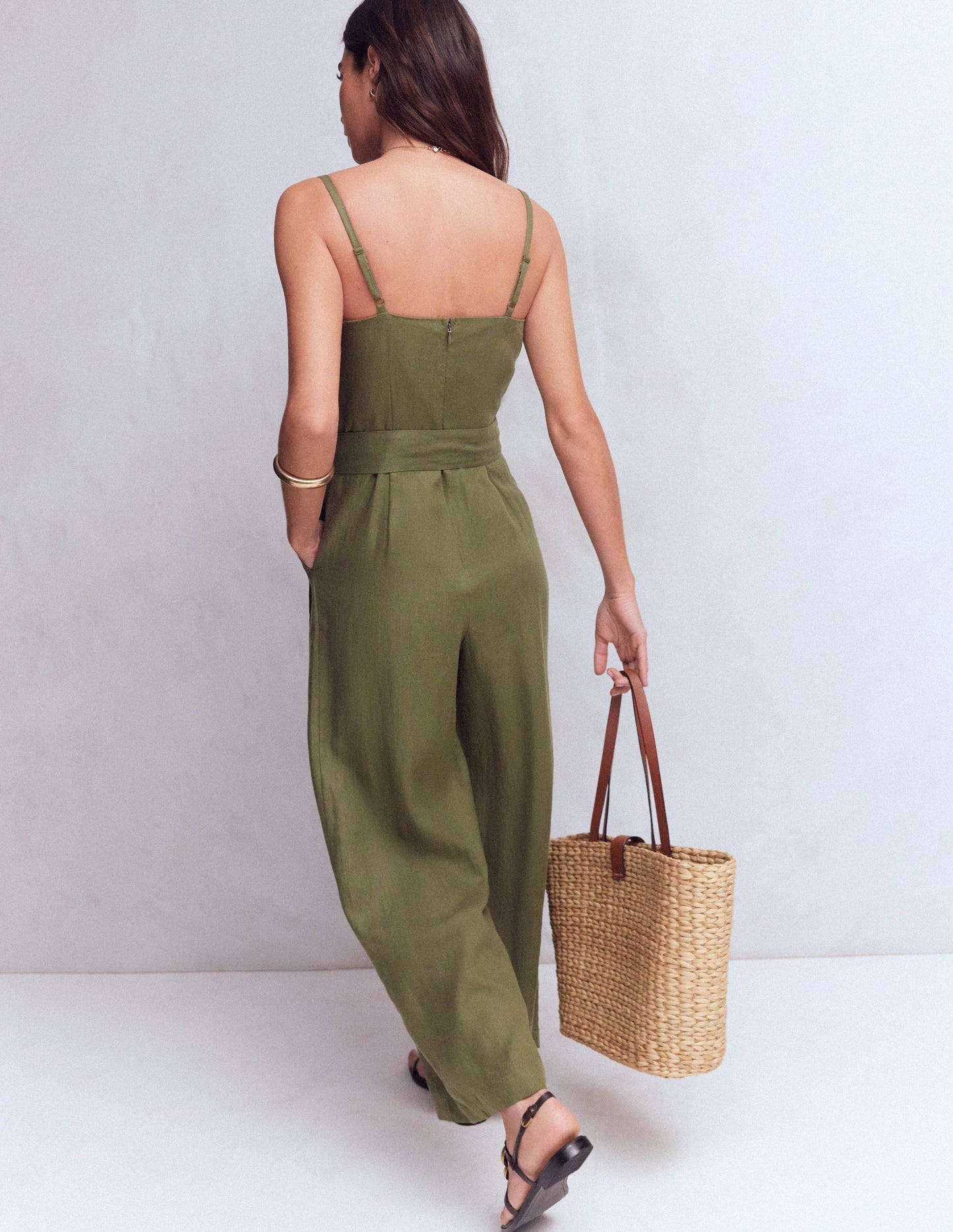 Linen Strappy Jumpsuit-Winter Moss