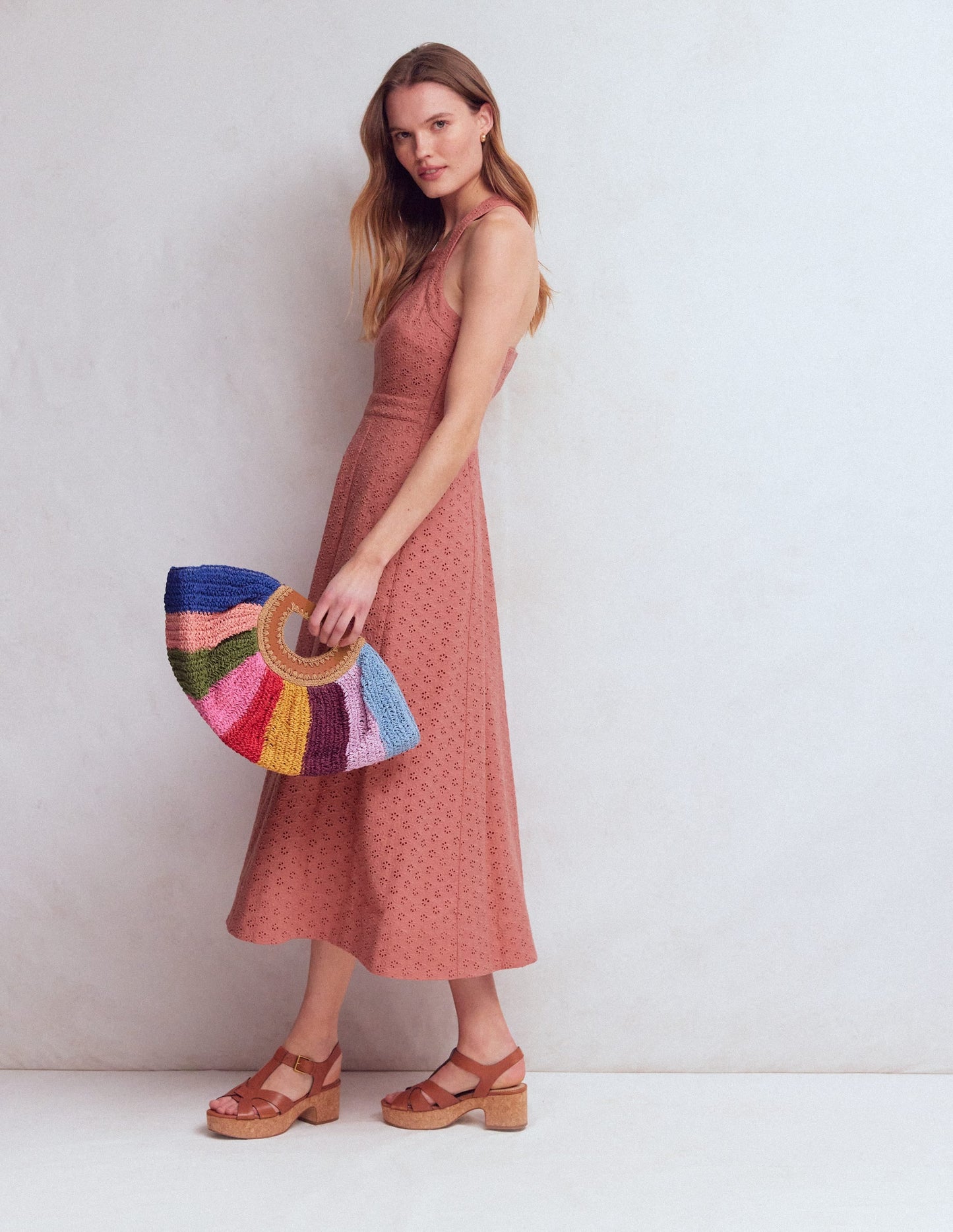 Cross Back Broderie Midi Dress-Vintage Rose Broderie