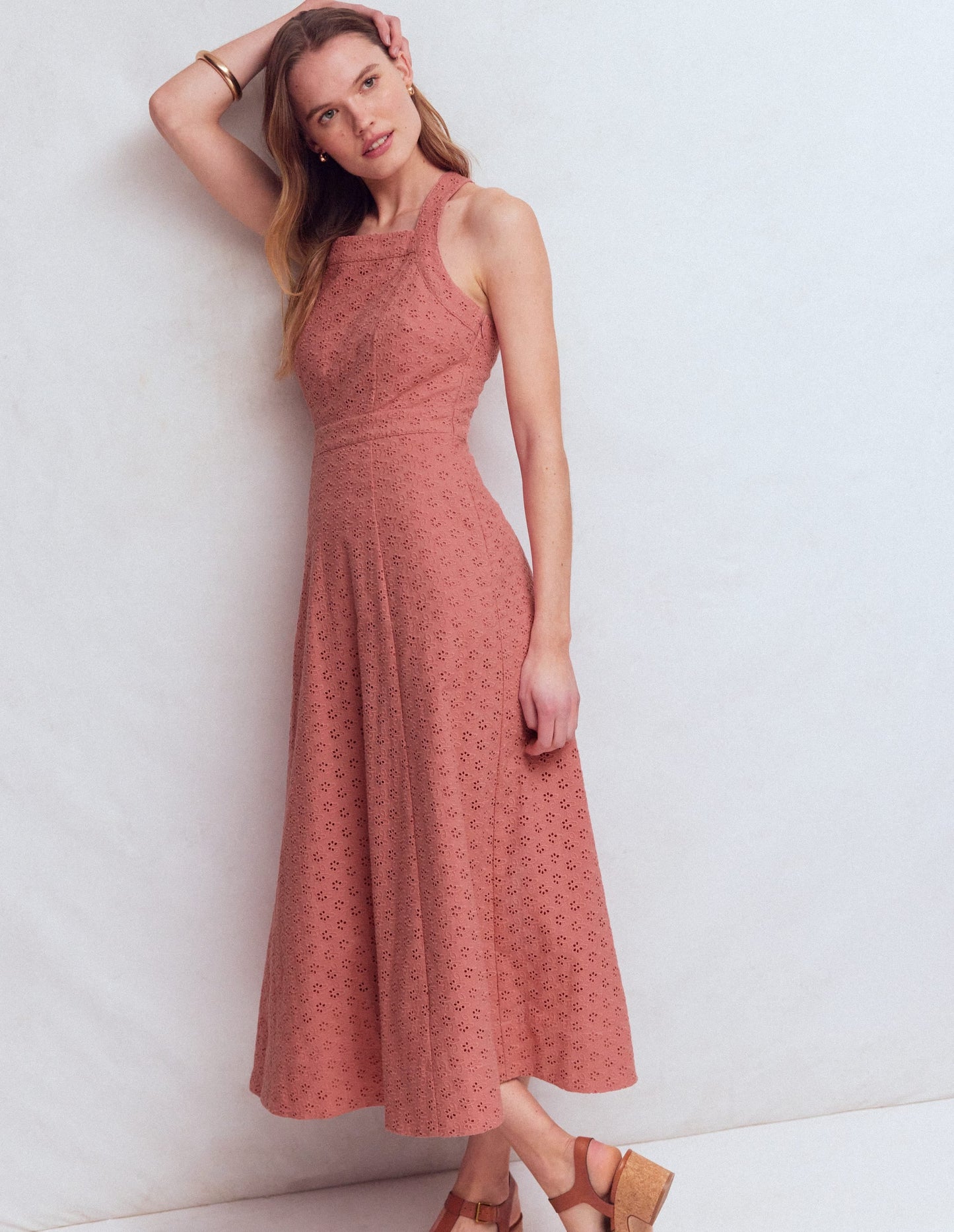 Cross Back Broderie Midi Dress-Vintage Rose Broderie