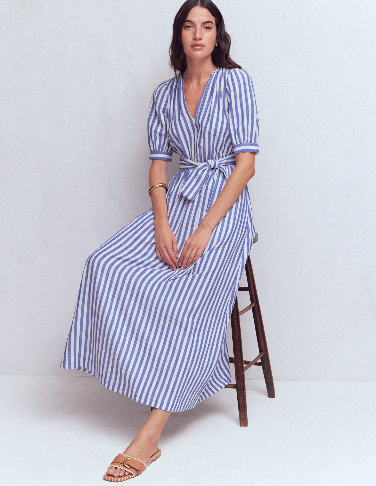 Double Cloth Puff Sleeve Dress-Blue Ivory Stripe