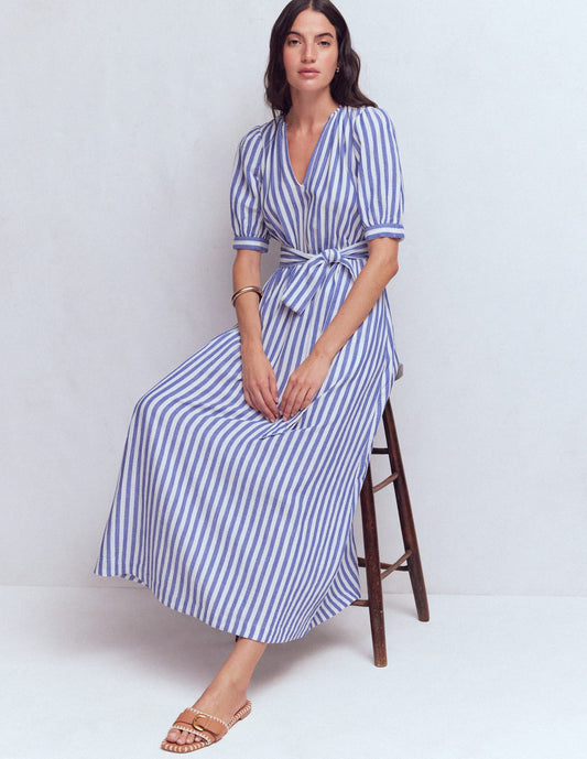 Double Cloth Puff Sleeve Dress-Blue Ivory Stripe