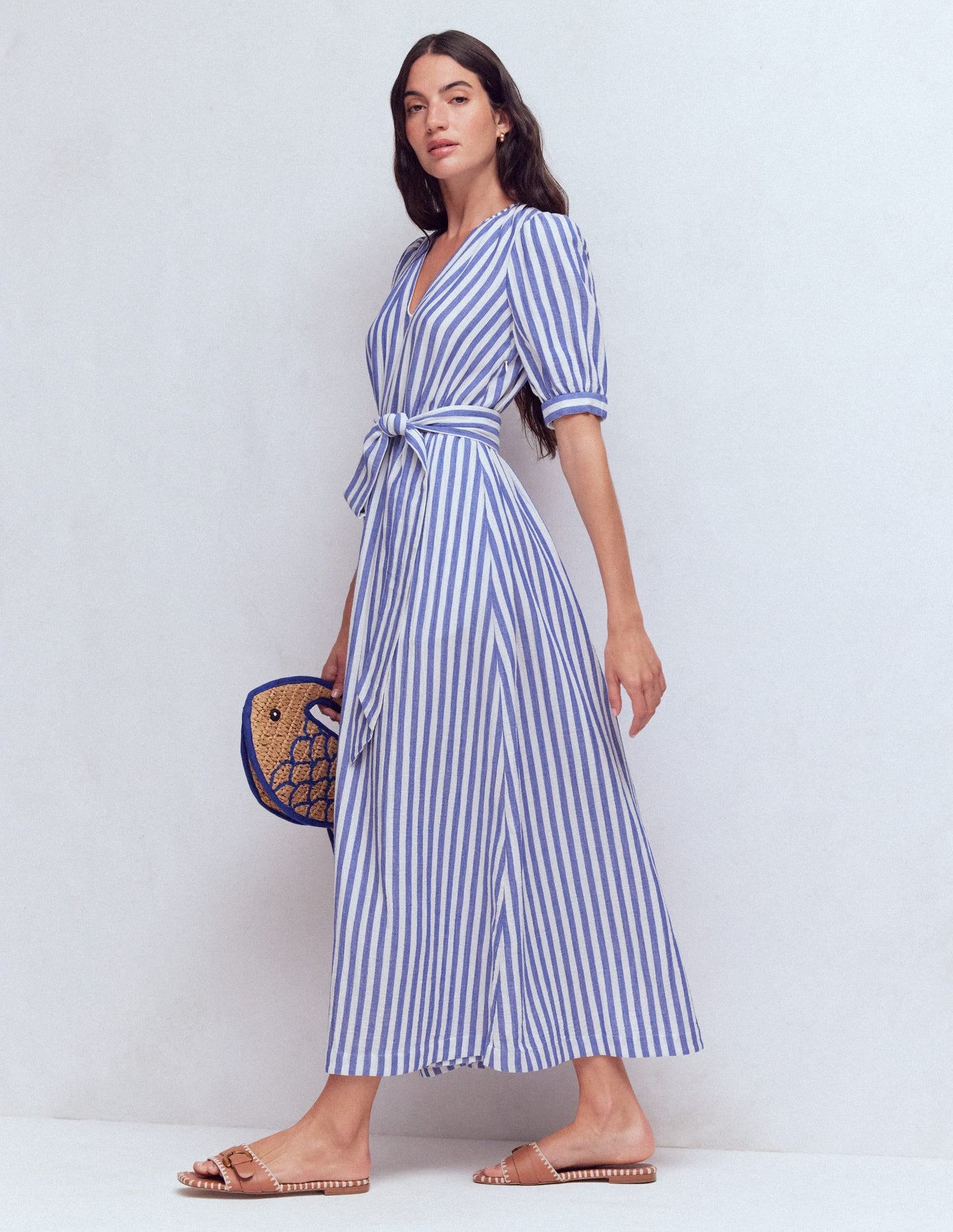 Double Cloth Puff Sleeve Dress-Blue Ivory Stripe