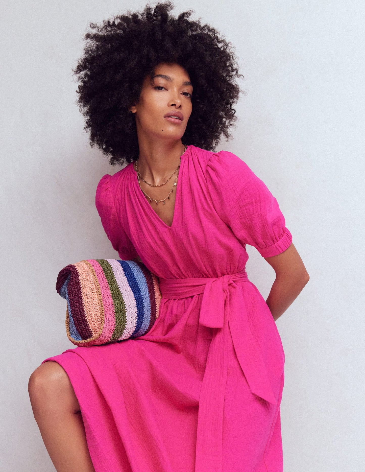 Double Cloth Puff Sleeve Dress-Bright Pink