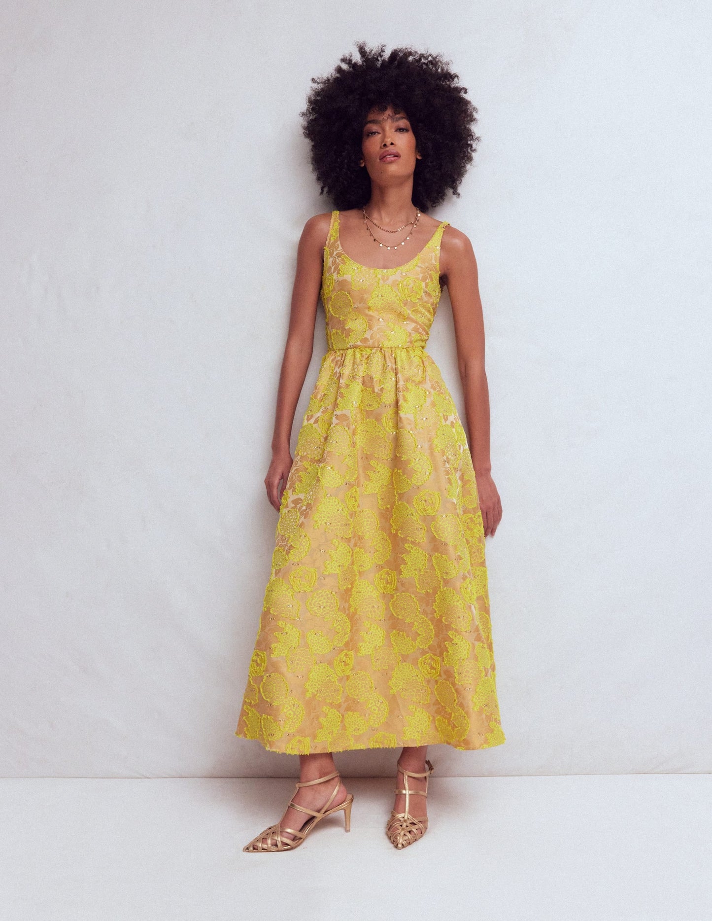 Scoop Neck Fit and Flare Dress-Yellow Jacquard