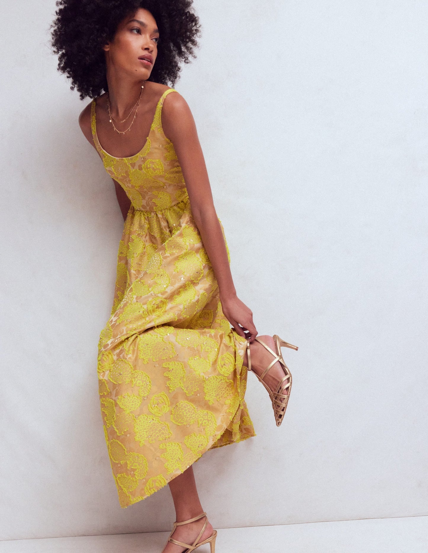 Scoop Neck Fit and Flare Dress-Yellow Jacquard