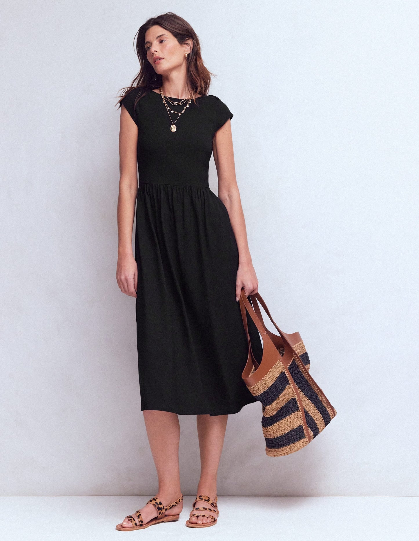 Boat Neck Mix Dress-Black