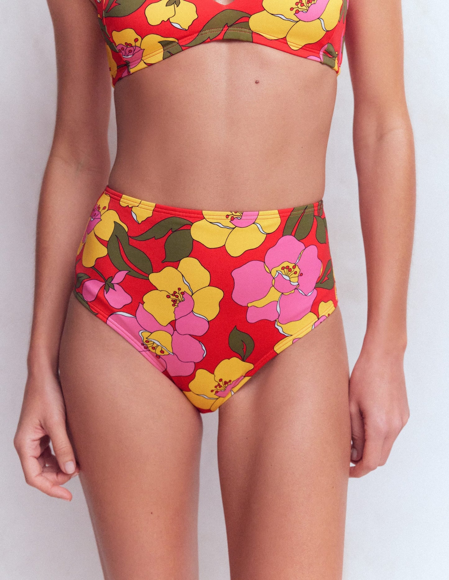 High Waisted Bikini Bottoms-Red, Radiant Bloom