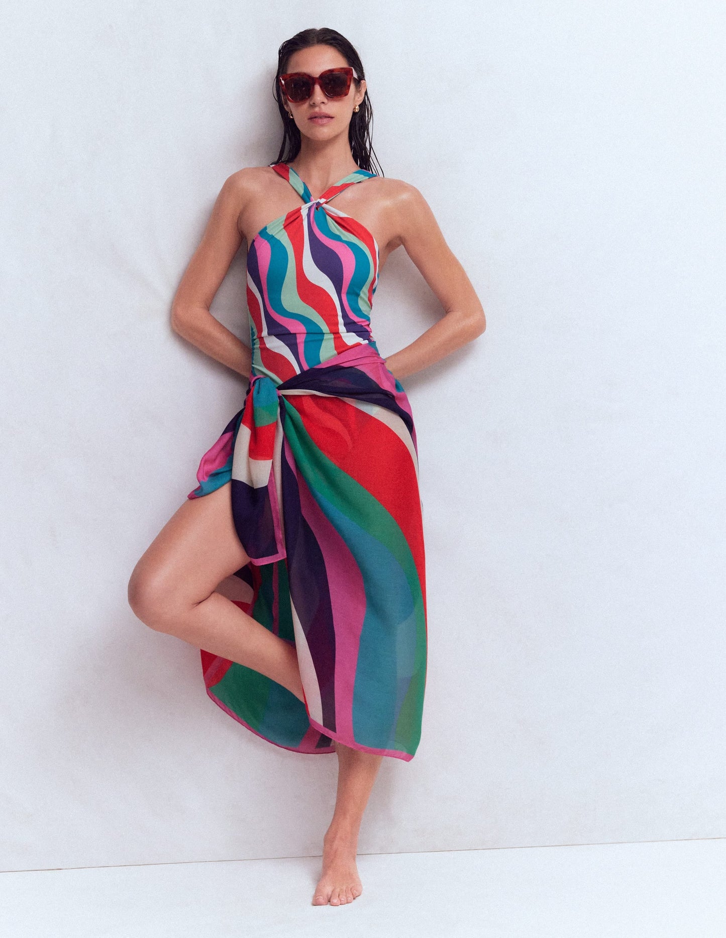 Pleated Strap Cross Swimsuit-Multi, Rhythmic Wave