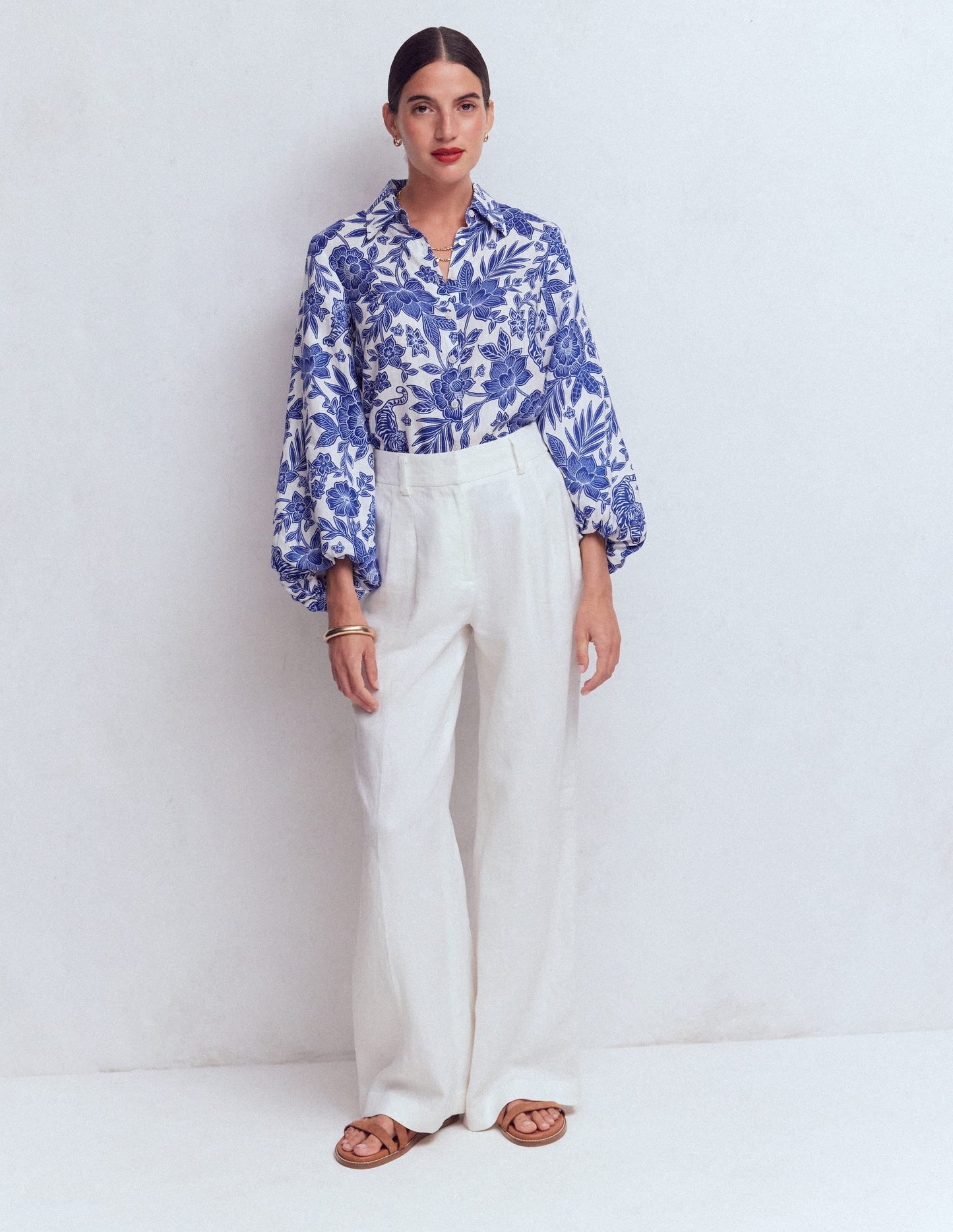 Puff Sleeve Linen Shirt-Sapphire Blue, Tigers Paradise