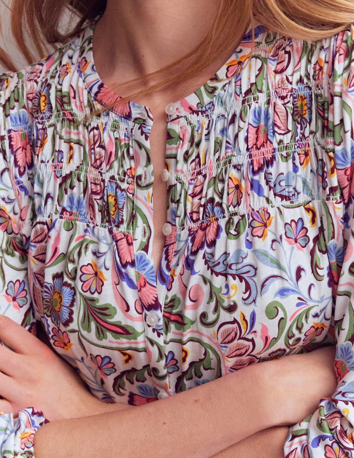 Mya Smocked Jersey Shirt-Multi, Flourishing Meadow