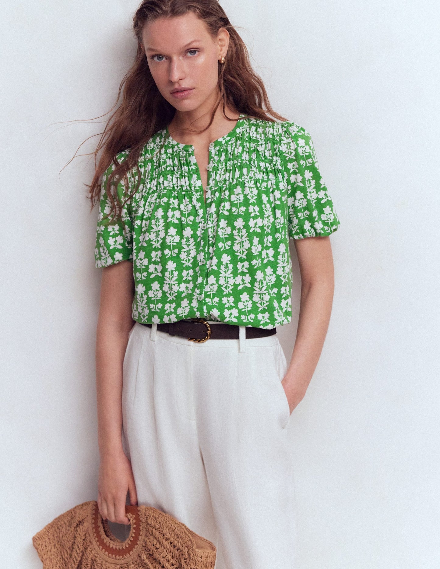 Mya Short Sleeve Smocked Shirt-Mint Green, Blossom grove