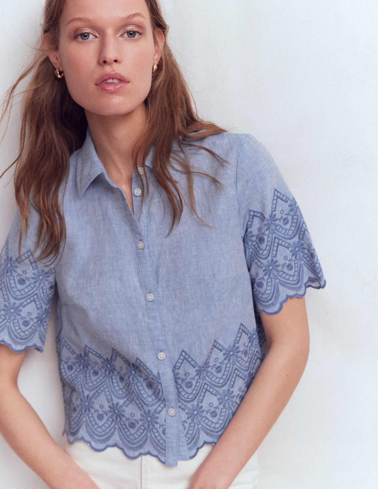 Short Sleeve Broderie Shirt-Chambray