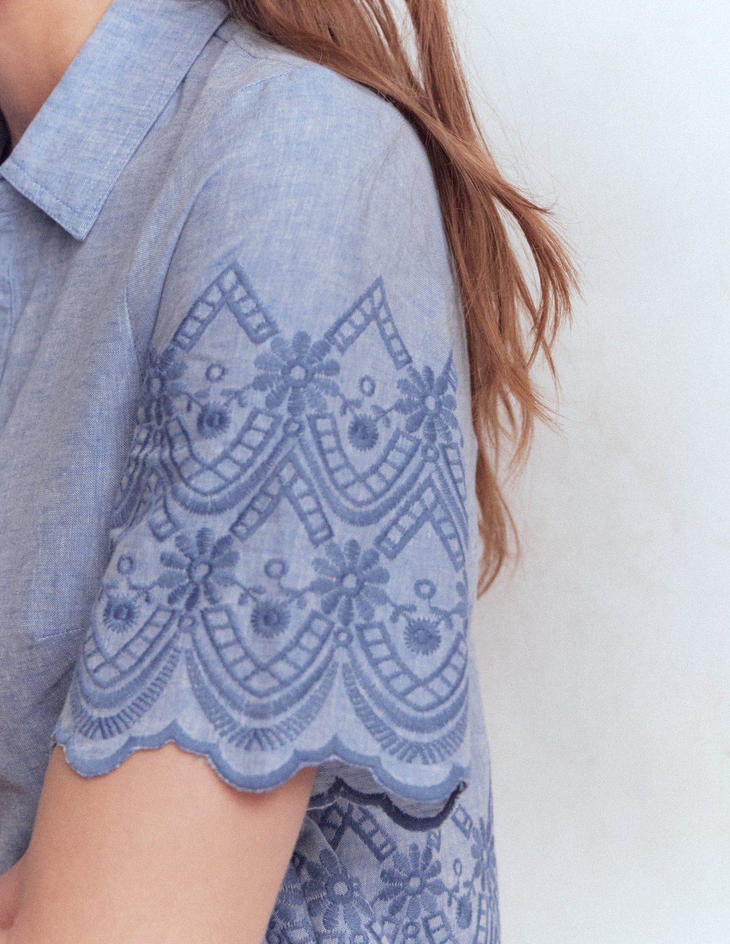 Short Sleeve Broderie Shirt-Chambray