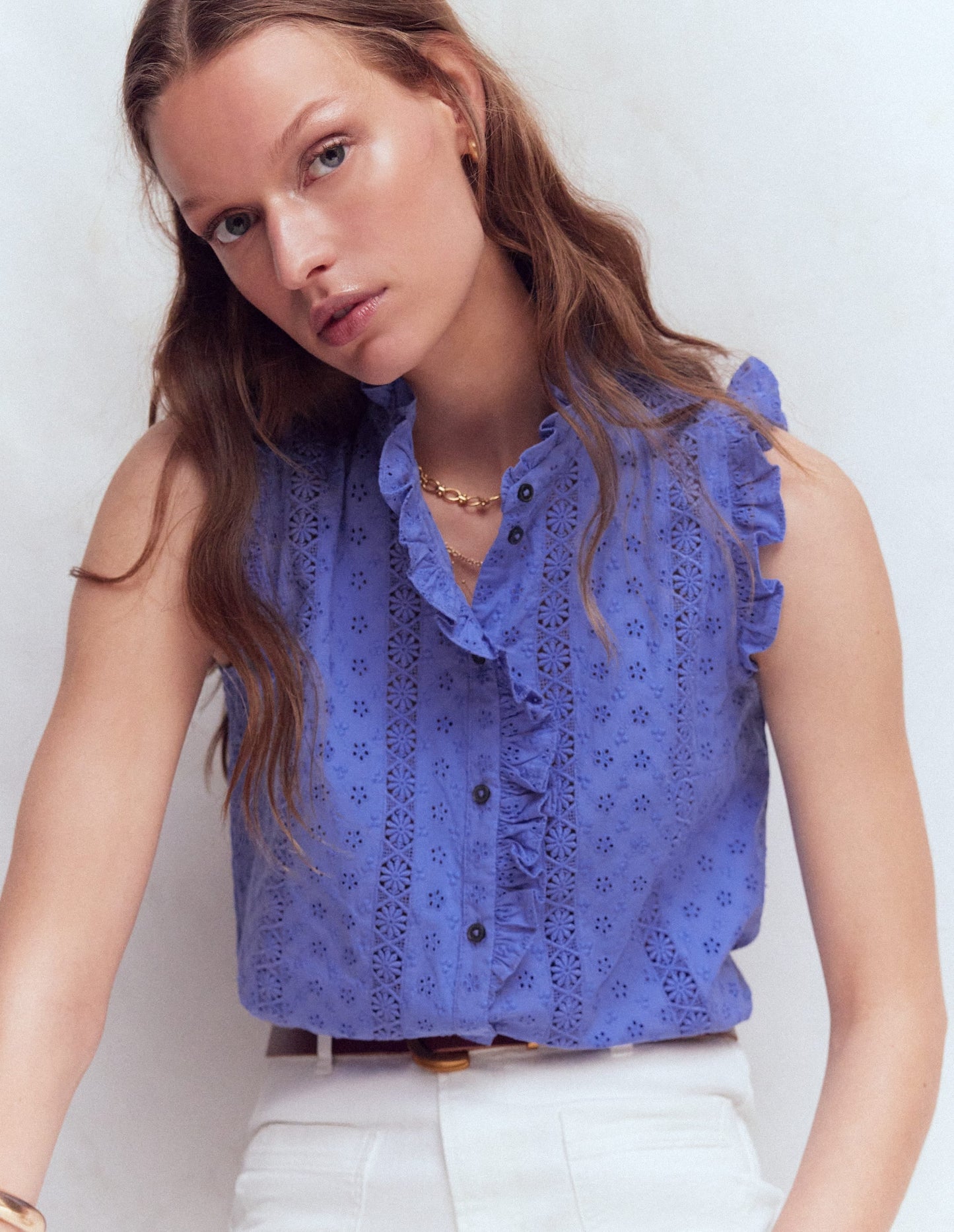 Isabel Sleeveless Broderie Top-Cornflower Blue