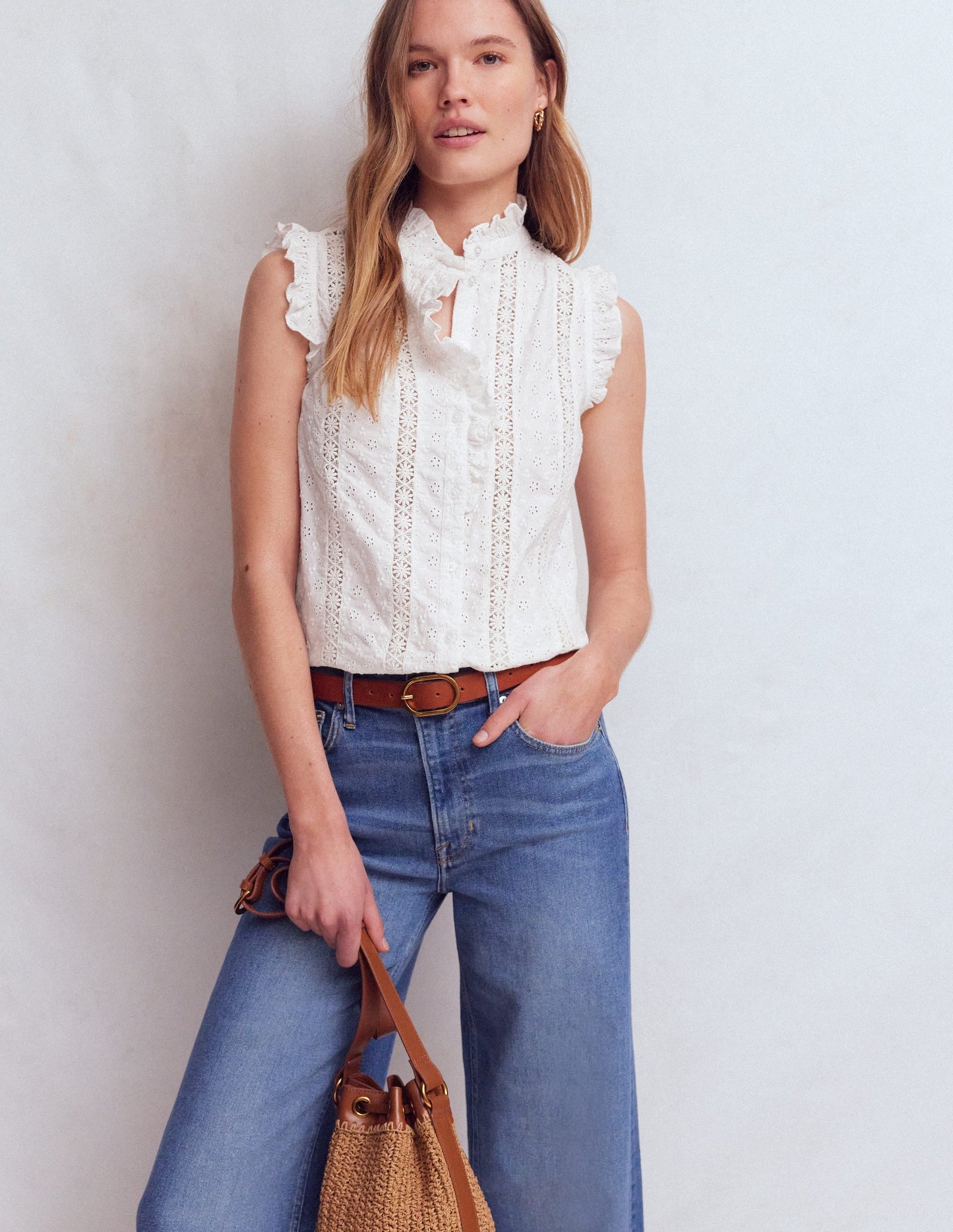 Isabel Sleeveless Broderie Top-White