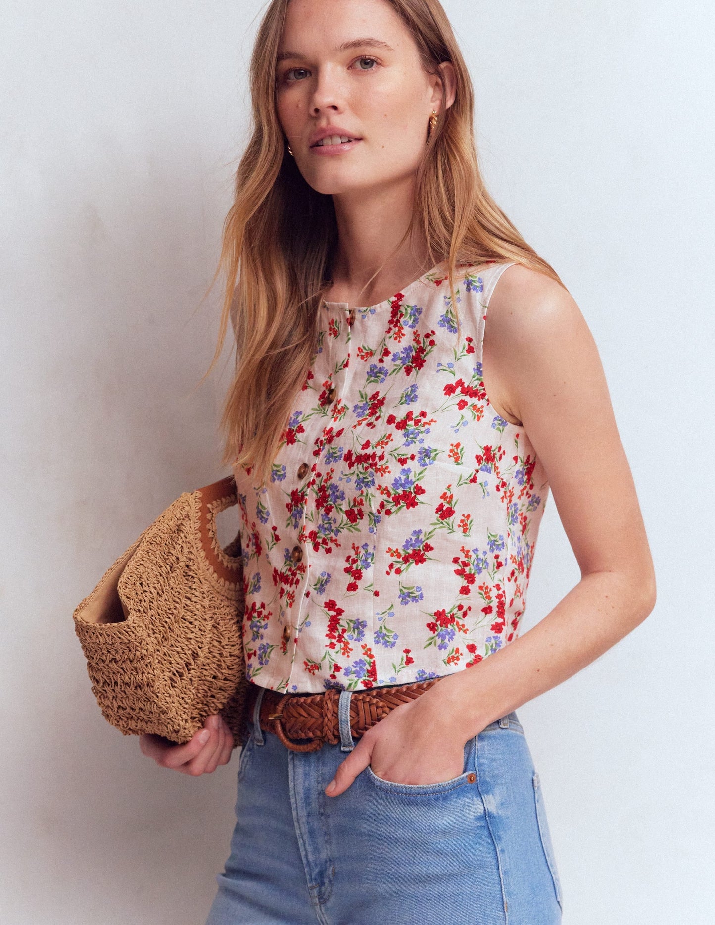 Andrea Linen Shell Top-Ivory, Bloom Scatter