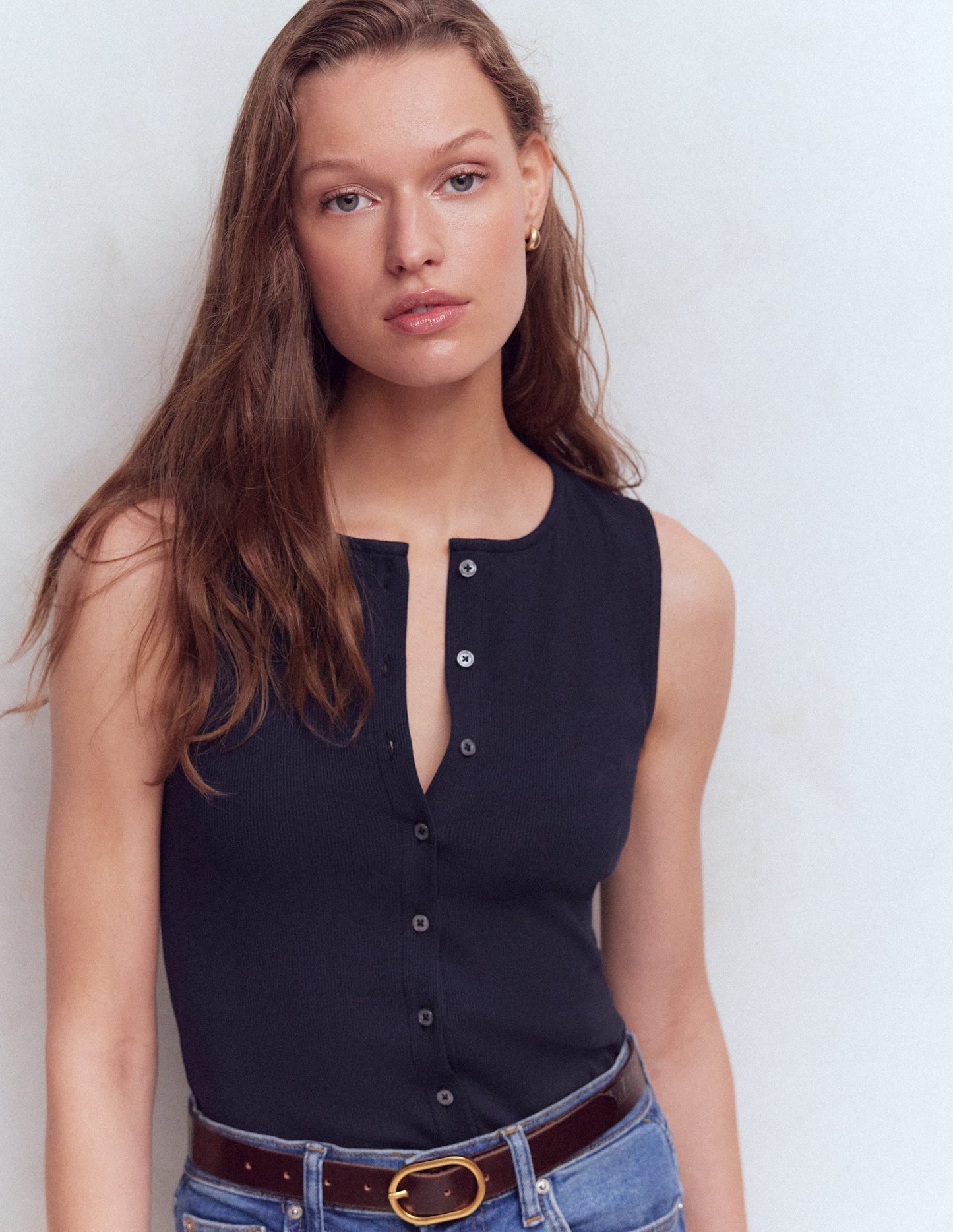 Evie Button Through Rib Vest-Navy