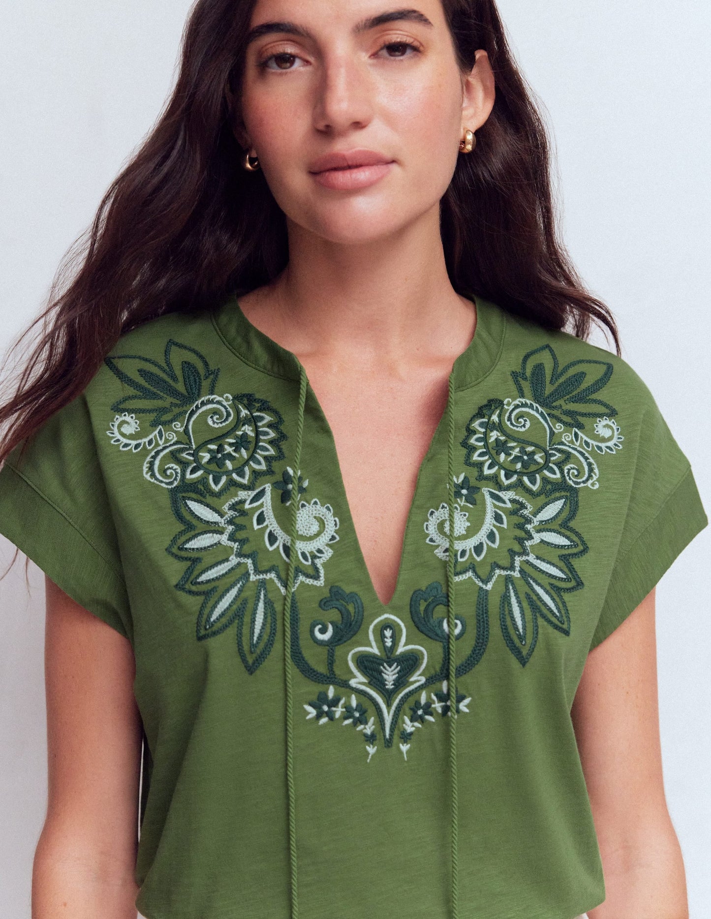 Nina Embroidered Notch T-shirt-Safari Green