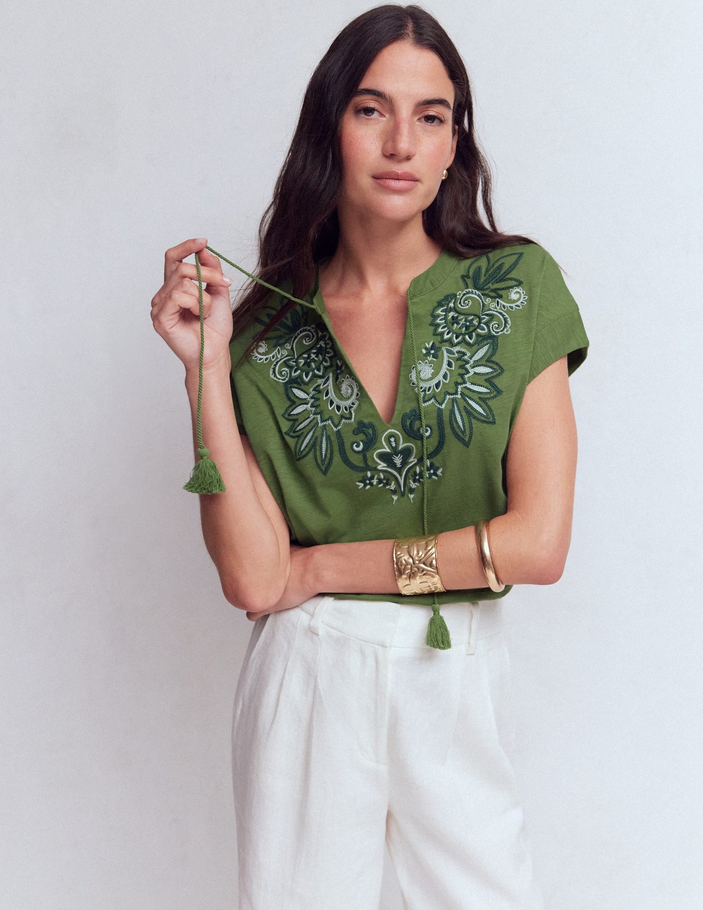 Nina Embroidered Notch T-shirt-Safari Green