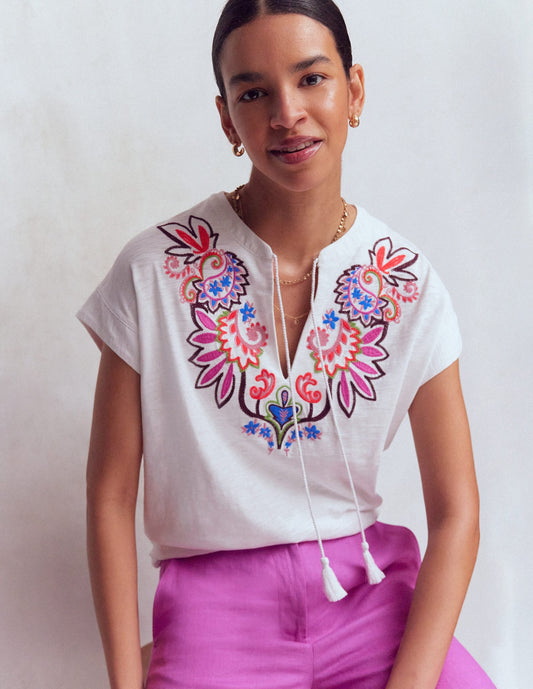 Nina Embroidered Notch T-shirt-White - Multi Embroidery