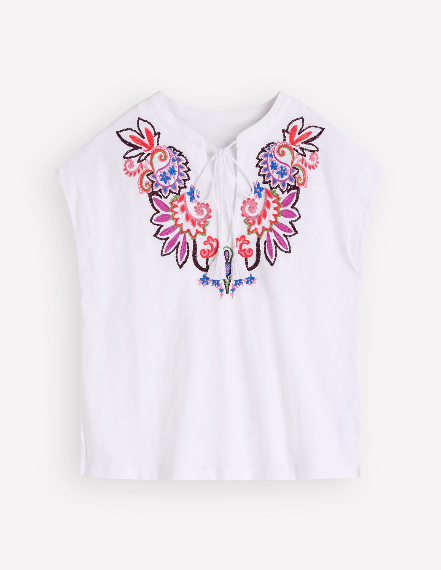Nina Embroidered Notch T-shirt-White - Multi Embroidery