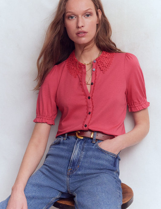 Nessa Broderie Collar Blouse-Cherry Blush