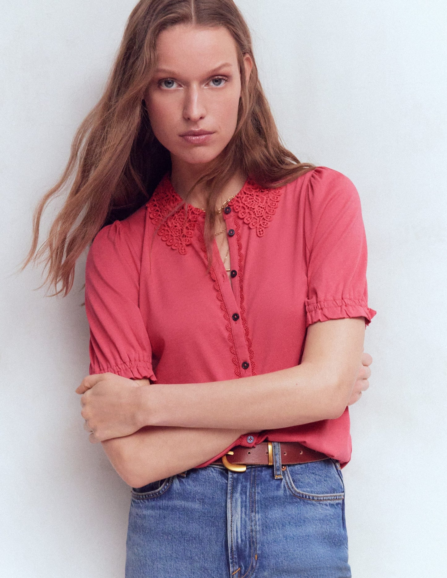 Nessa Broderie Collar Blouse-Cherry Blush