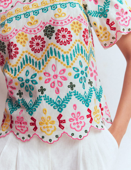 Linen Puff Sleeve Top-Multi Broderie