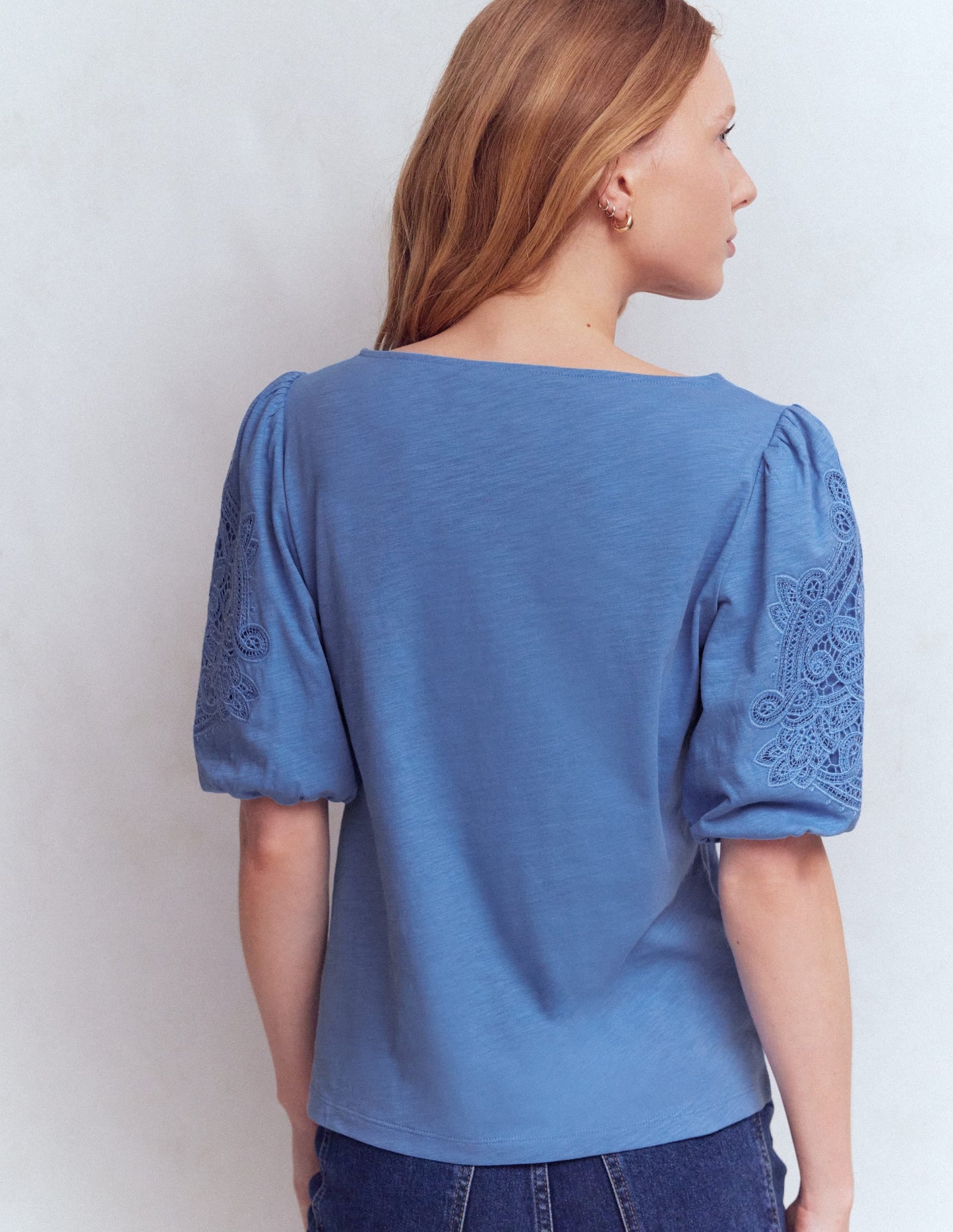 Cutwork Detail Jersey Top-Forget Me Not Blue