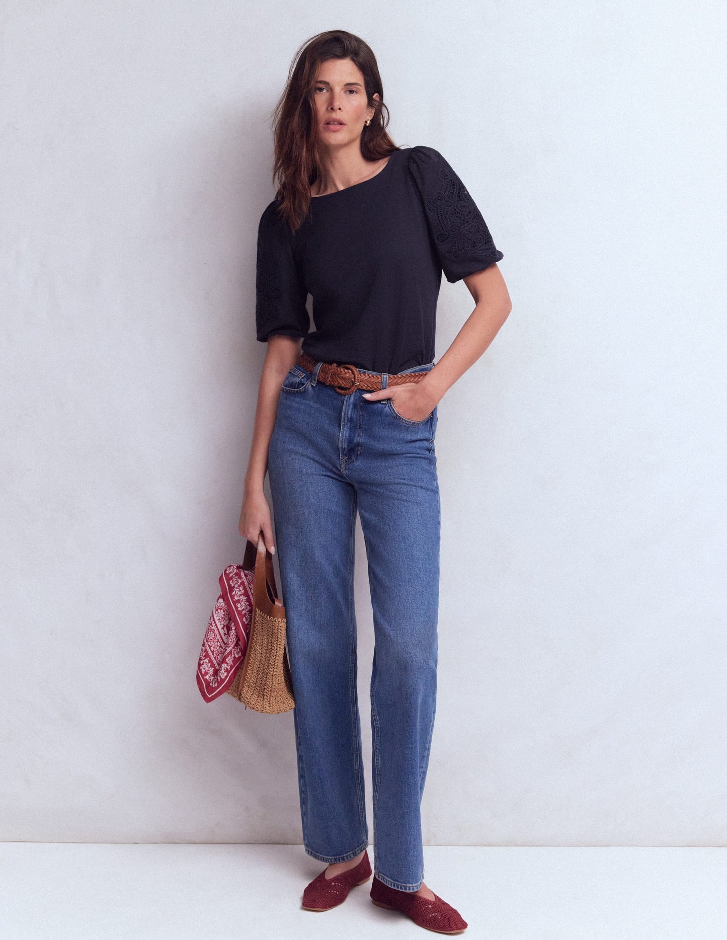 Cutwork Detail Jersey Top-Navy