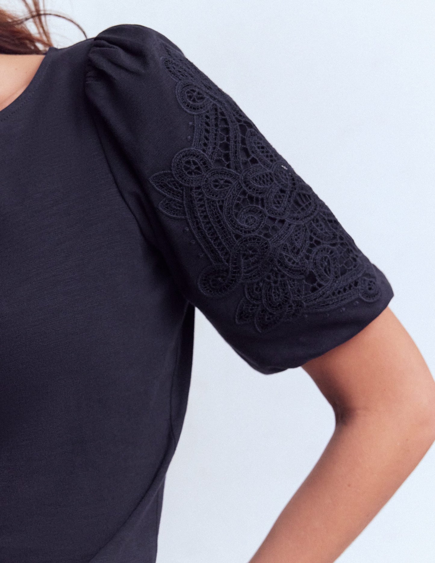 Cutwork Detail Jersey Top-Navy