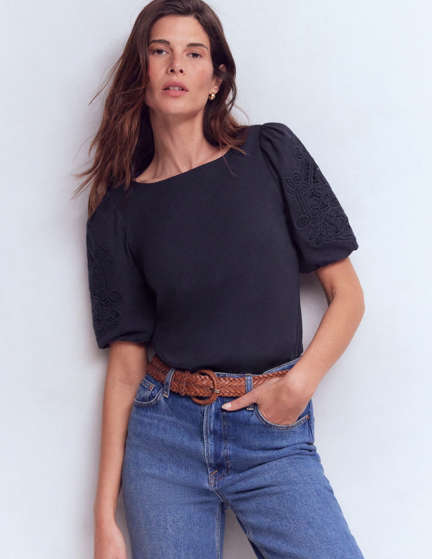 Cutwork Detail Jersey Top-Navy