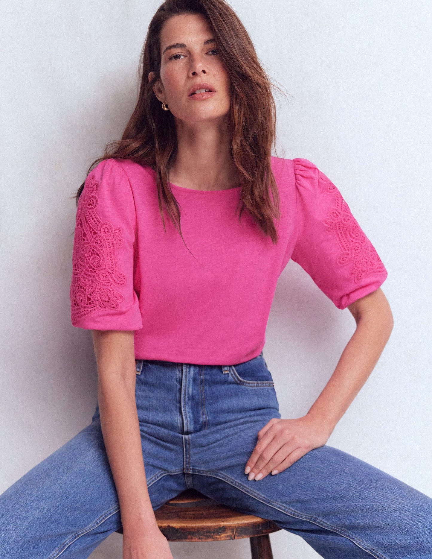 Cutwork Detail Jersey Top-Phlox Pink