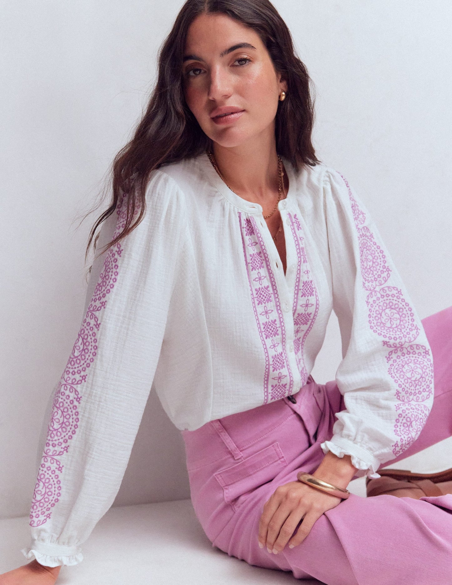 Camille Double Cloth Top-White Embroidery