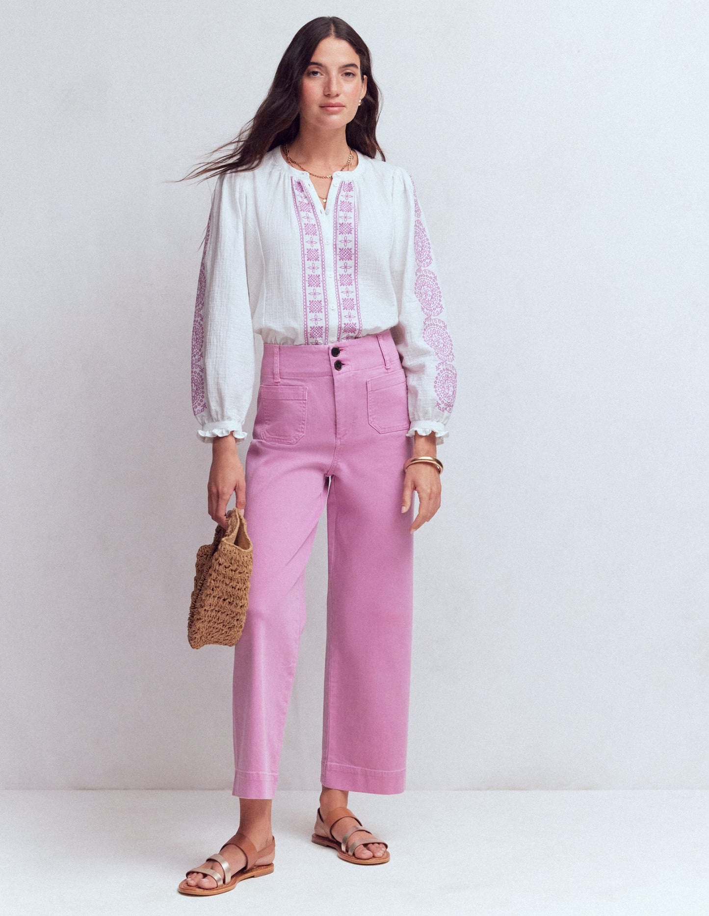 Camille Double Cloth Top-White Embroidery