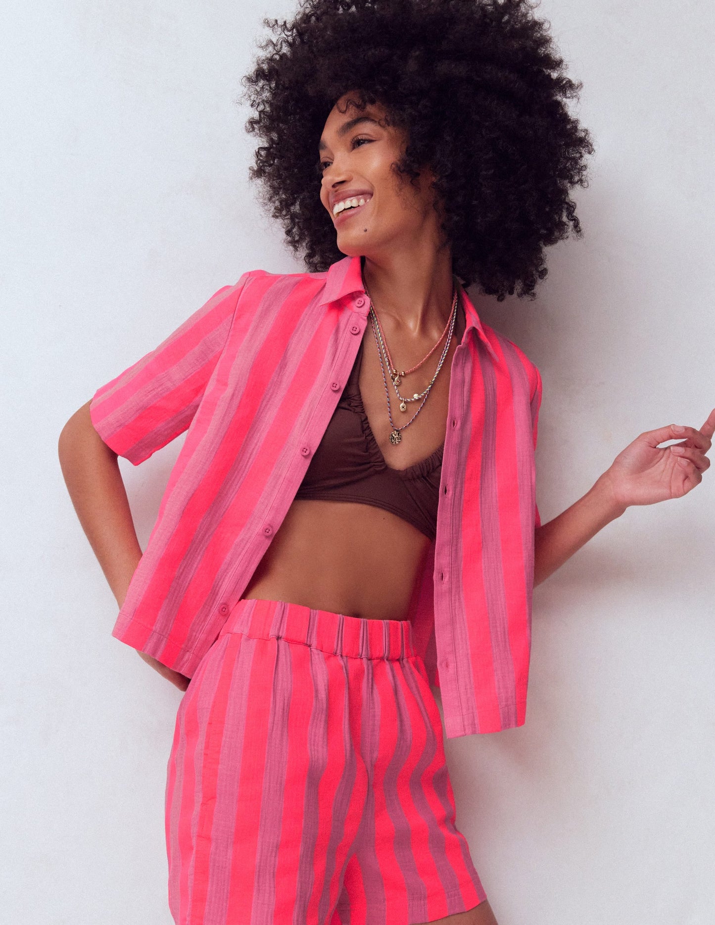 Double Cloth Shirt-Pink, Neon Coral Mid Stripe