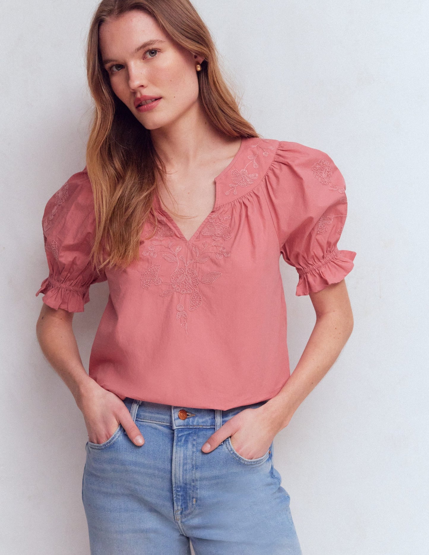 Cotton Embroidered Yoke Top-Vintage Rose Embroidered