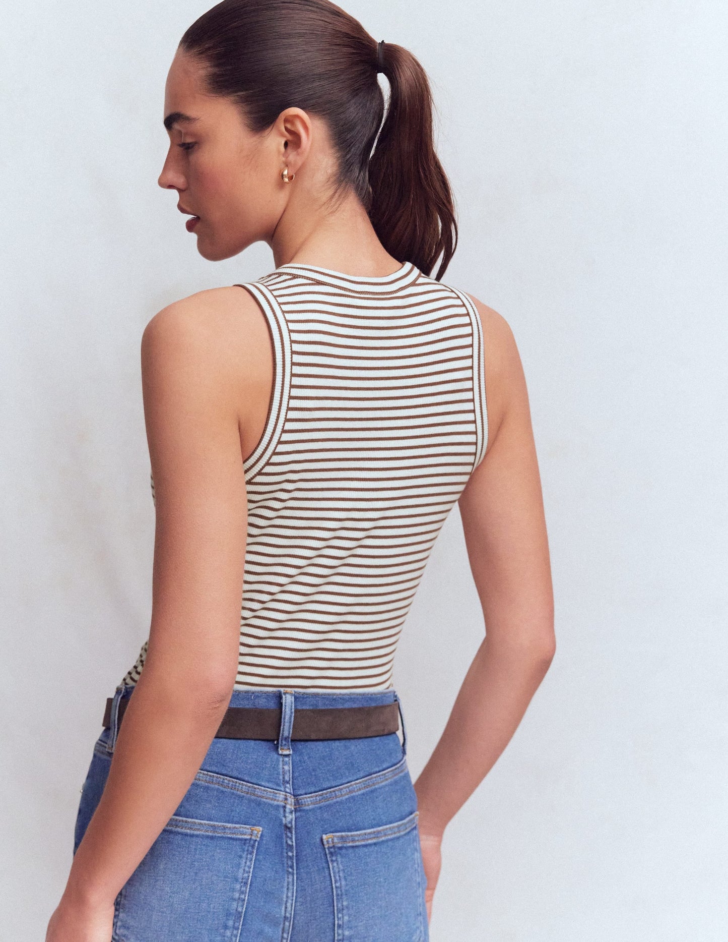 Ribbed Cotton Vest-Ivory & Brown Stripe