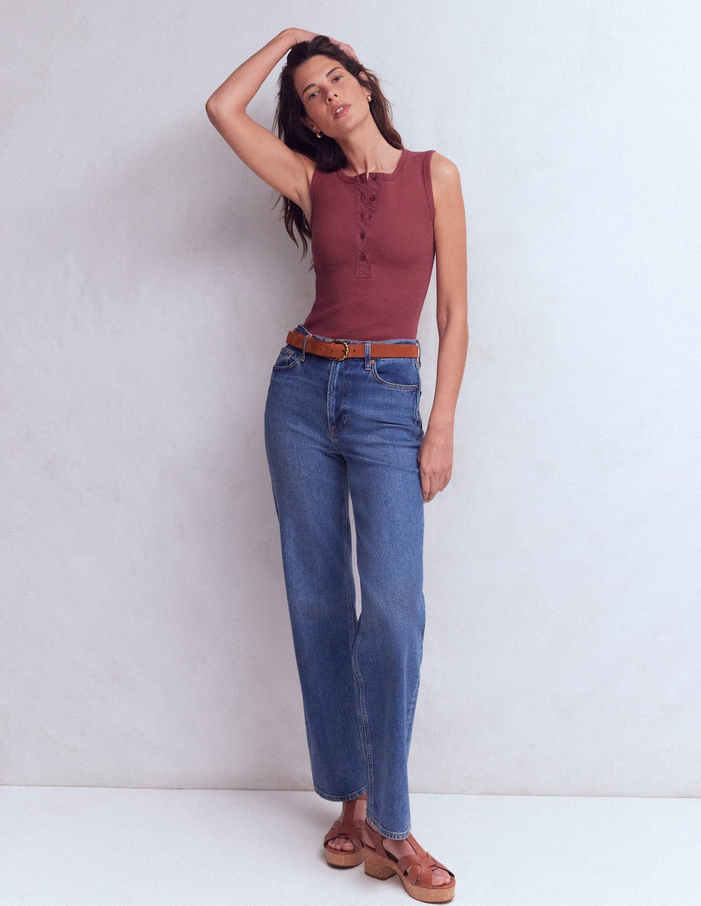 Woven Mix Ribbed Henley Vest-Maroon