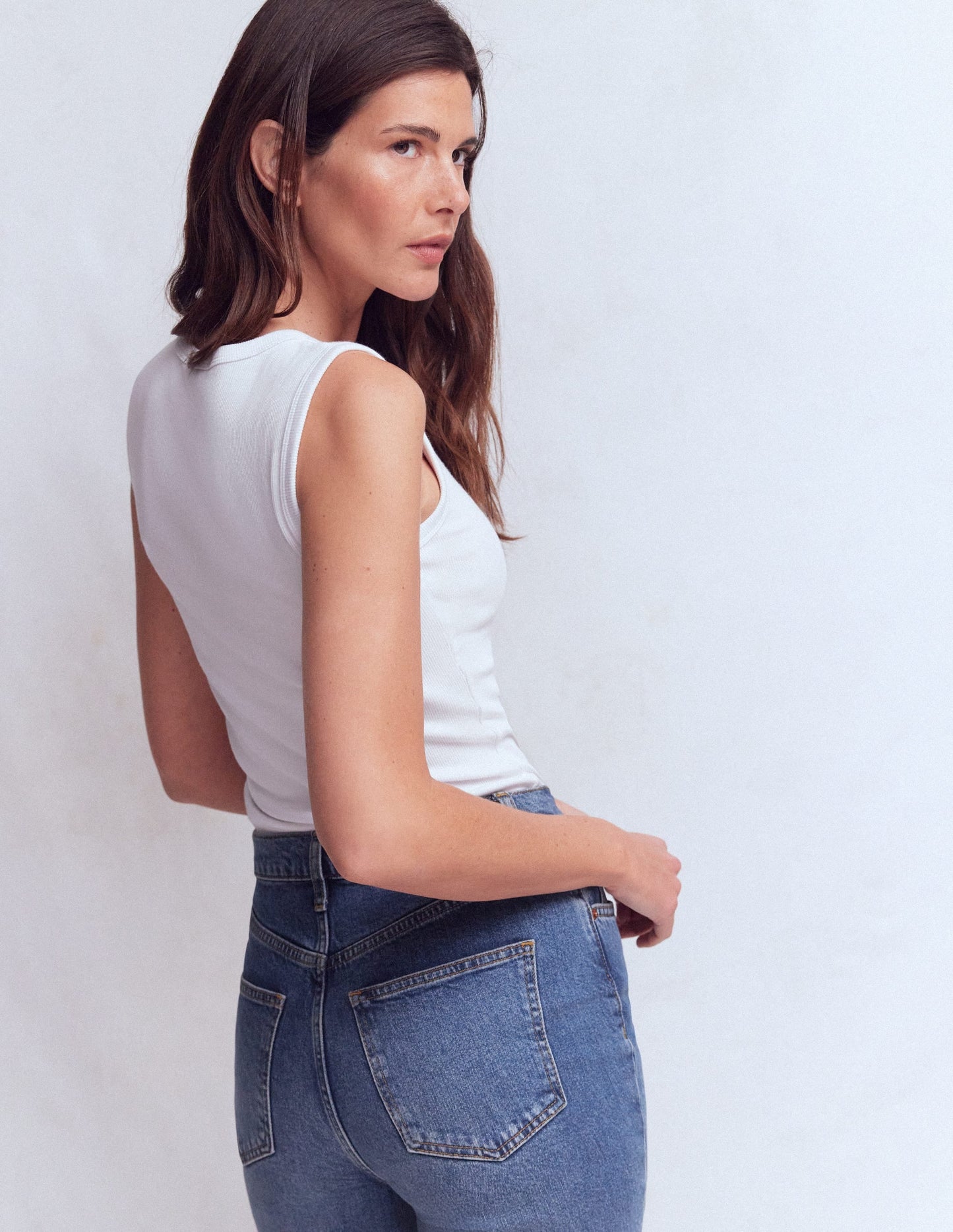 Woven Mix Ribbed Henley Vest-White